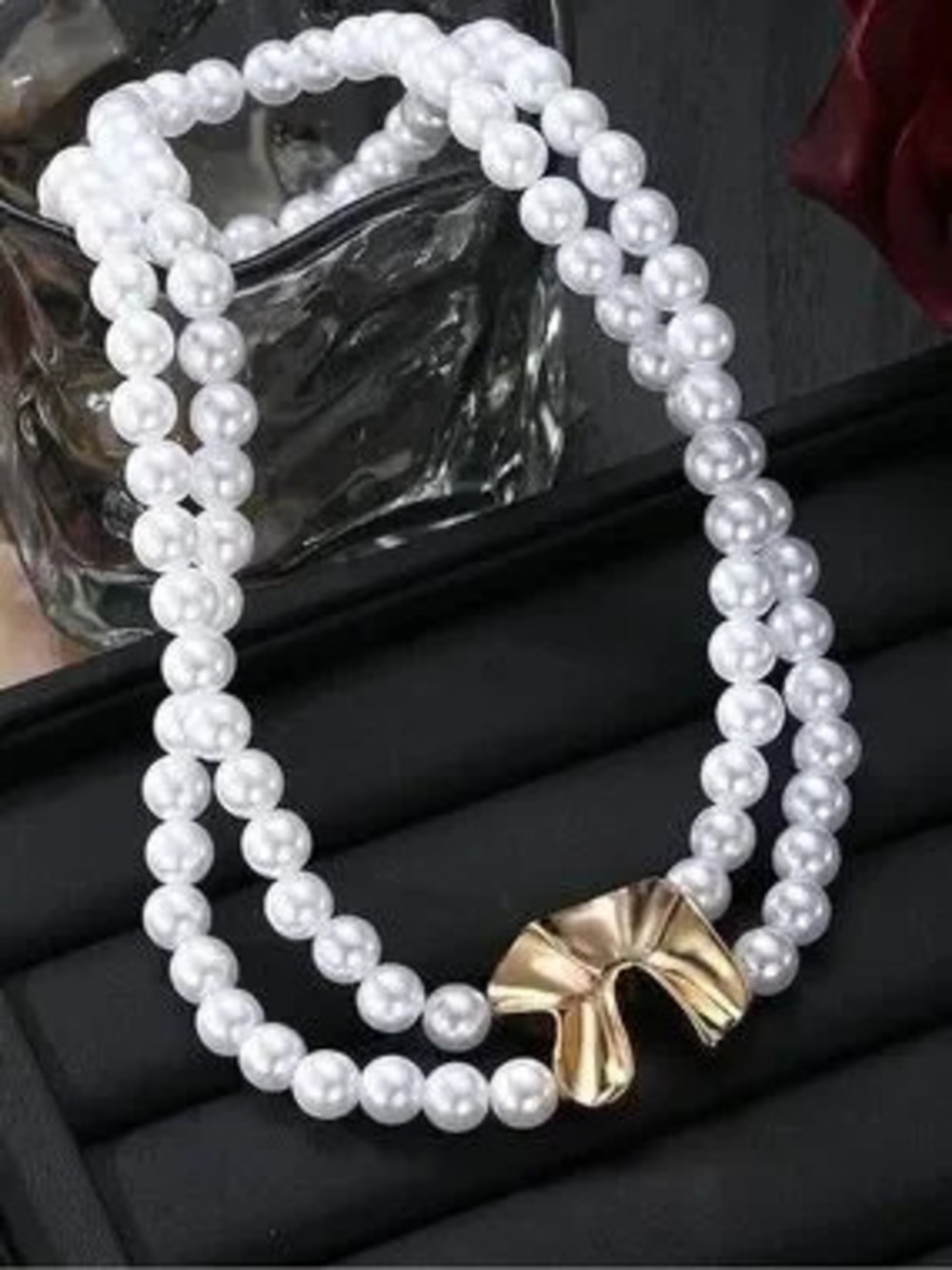 Anthropologie White Pearl Double-Strand Choker with Gold Tone Sculptural Accent - Picture 3 of 5